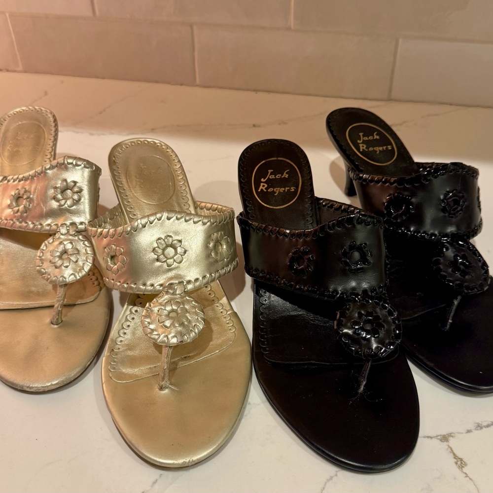Jack Rogers Women's Metallic Gold and Black Leather Sandal bundle